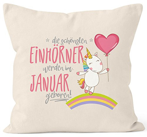 MoonWorks Kissenbezug die schönsten Einhörner Werden im Januar geboren 40x40 Baumwolle Geschenk Geburtstag Unicorn Natur 40cm x 40cm