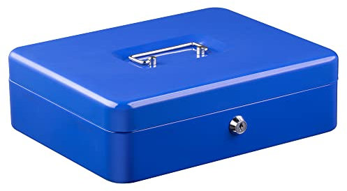 Jazooli Heavy Duty Metal Cash Money Coin Box Bank Deposit Steel Tin Security Safe Petty 2 Keys Lock Lockable Jewellery Passports Documents Security Case, Blue, 12”