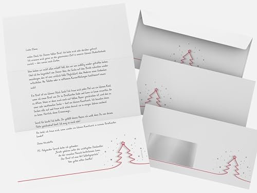 Weihnachtsbriefpapier Set | Rotes Tannenbäumchen | 100 Blatt weihnachtliches Motivpapier A4 | 100 Briefumschläge MIT Sichtfenster links im DIN LANG-Format