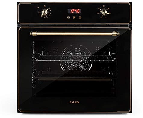 Klarstein Elizabeth - Electric Built-In Oven, Retro Design, 70L, EEC A, Self-Sufficient, Convection/Top/Bottom Heat/Grill, 2200 W, 50-250 °C, Rotary Control and Door Handle in Brass Look, Cream