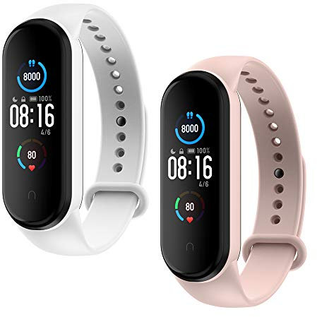 WD&CD Cinturini Compatibile per Mi Band 5 / Mi Band 6, [2 Pezzi] Cinturini in Silicone Sportivo Colorato Regolabile Bracciali Compatibile per Xiaomi Band 5/6 (Bianco, Rosa)