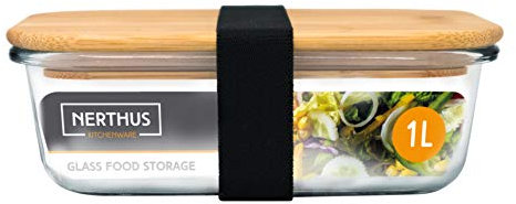NERTHUS Recipiente hermético Cristal Tapa bambú 1000 ml, Borosilicato