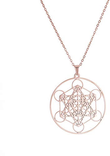 TEAMER Metatron Cube Collier Géométrie Sacrée Pendentif Sceaux d'Archange Ange Collier Bijoux En Acier Inoxydable (or rose)