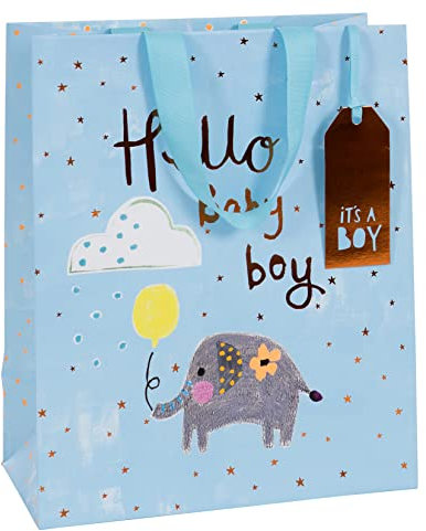 Glick Luxus-Geschenktüte, Baby Junge Große Geschenktüte, Baby Geschenktüte Junge, Willkommen Baby Boy Geschenktüte, Blau, 31,5 cm hoch x 26 cm breit x 13,5 cm tief