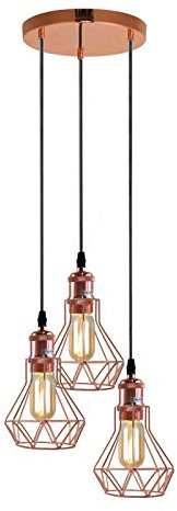 LEDSone 3 Head Vintage Loft Rose Gold Pendant Light Ceiling Lamp Hanging Lights Industrial Chandelier Lamp Wire Cage Shades with ES E27 Holder Fittings