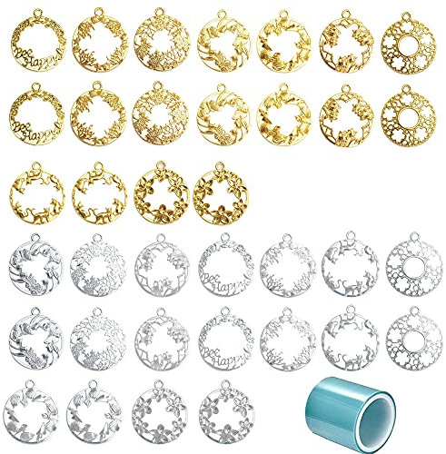 Allazone 37 Stück Lünette Rahmen Anhänger Charm, 35 Stück Gemischt Offene Lünette Anhänger Gießform Schmuck, Anhänger Zubehör Tabletts für DIY Harz,gedrückt Blume Schmuck
