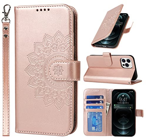 ELTEKER Handyhülle für iPhone 12 Pro Max Hülle Klapphülle, [3 Kartenfächer] [Magnet Verschluss] Eleganter Prägung Schutzhülle Ledertasche Hülle für iPhone 12 Pro Max, Roségold