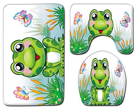 100 yeah Set mit 3 niedlichen Frosch-Badvorlegern aus Flanell (Badvorleger und WC-Vorleger + WC-Deckelbezug)