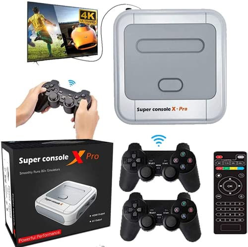 KINMRIS Super Console X Pro Spielekonsole integriert in über 33.000 Spiele, 2 Gamepads, Spielekonsolen für 4K TV, unterstützt HD-Ausgang, kompatibel mit 5 Spielern (X PRO-64G)