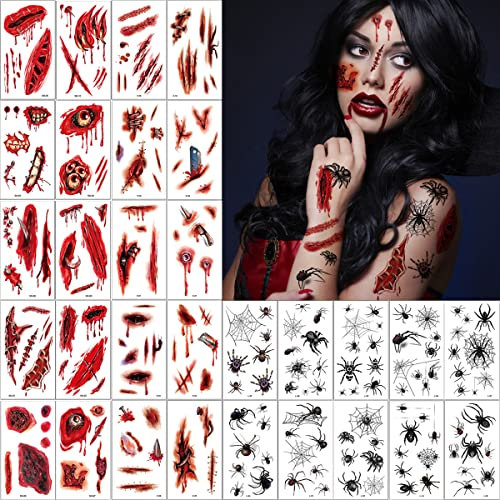 Halloween Tattoo Set - 20 Blatt Narben Wunden und 10 Blatt Spinne Temporäres Tattoo, Realistisches Motive Schaurig Blutige Zombie Vampir für Cosplay Party Dekoration, Kinder Erwachsener Makeup
