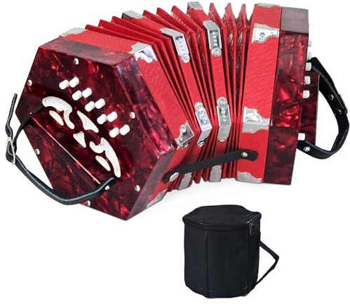Akkordeon mit 20 Knöpfen für Erwachsene, professionelles Akkordeon für Anfänger, verstellbare Handschlaufe, Musikinstrument-Zubehör mit Tragetasche, Mundharmonika, Wischtuch (rot)