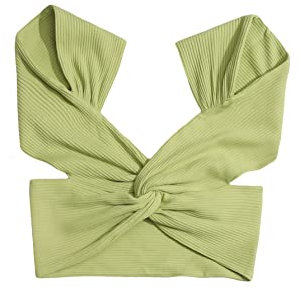 Floerns Blusa corta para mujer, cuello corazón, manga casquillo y espalda descubierta, Verde lima, Large