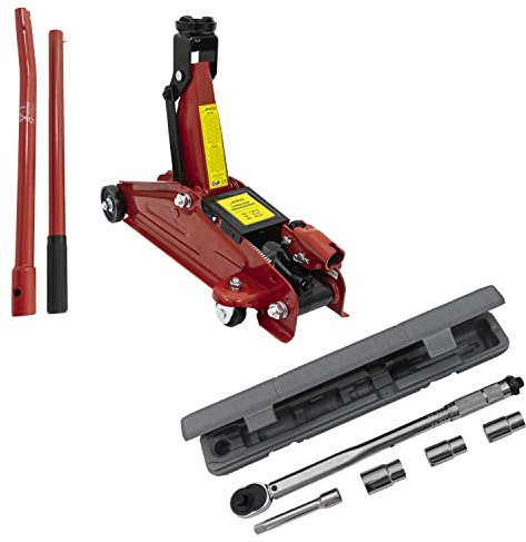 PETEX Rangierwagenheber, 2 T, hydraulisch + Drehmomentschlüssel 40-210 Nm, inkl. 3 Stecknüsse 17/19/21 mm, 1 Verlängerung - Set