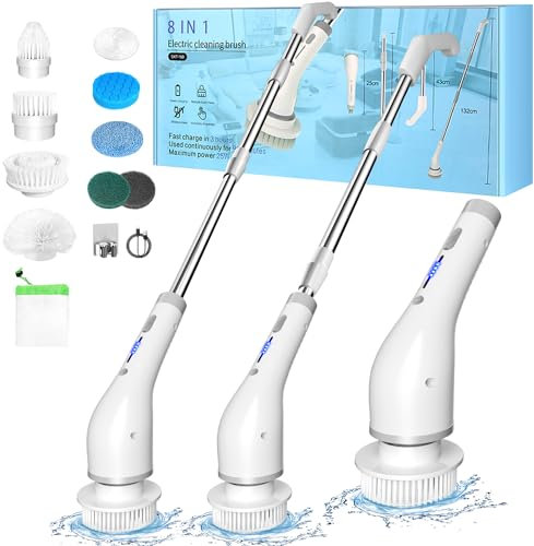 ERAVOR Elektrische Reinigungsbürste, 2024 Neues 12 In 1 Power Spin Scrubber 420 U/min Schleuderschrubber, 2 Modi Elektrische Reinigungsbürste Mit Teleskopstab für Bad Toilette(HellesWeiß)
