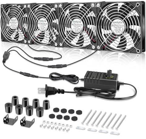 AmRunJe 4X 120mm Server Rack Fan with Speed Controller Big Airflow 110V 120V 220V 240V DIY AC Fans for Mining Rig, Crawlspace, Basement, Refrigerator, Greenhouse Cooling