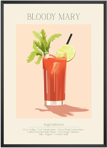 MJ-GRAPHICS - Poster Bloody Mary - Bild mit Cocktail Rezept - Wandbild Din A4 in Galerie Qualität mit extra dickem 300g Posterpapier - Retro Poster Cocktail - FineArt Kunstdruck ohne Bilderrahmen
