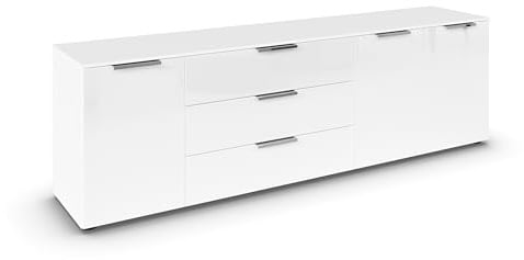 Rauch Möbel Flipp, Kommode, Farbe Glas Weiß, Breite 199 cm | Sideboard, 3-türig, 3 Schubladen, Glasfront, Soft-Close-Funktion, für Schlafzimmer, Gästezimmer, Wohnzimmer, Garderobe, Flur
