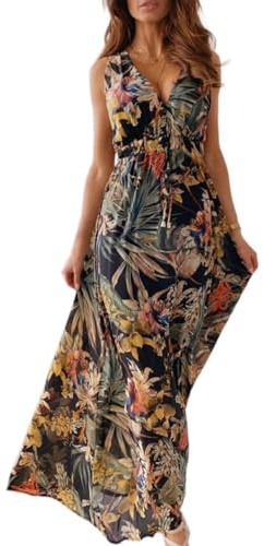 CheChury Damen Sommerkleid Lang Maxikleid Sommer V Ausschnitt Kleid Floral Maxikleider Elegant Freizeitkleider Ärmellos Strandkleid Lang Kleider Partykleid Freizeitkleider Boho Beach Maxi Dress
