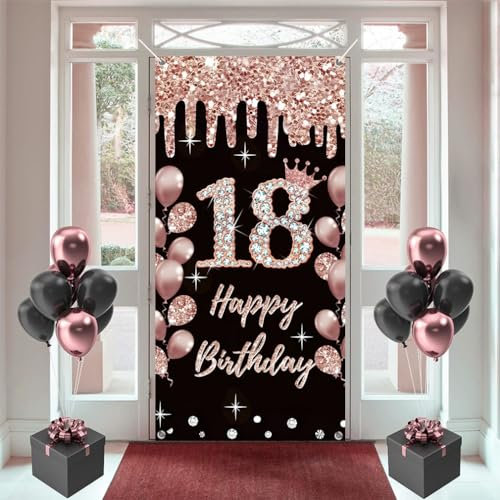 18 Geburtstag Dekorationen für Mädchen, Happy 18 Years Old Stoff Schild Poster Rosegold Hintergrund Tür Banner, 18 Geburtstag Party Supplies Foto Hintergrund Willkommensschild, 180 cm x 90 cm