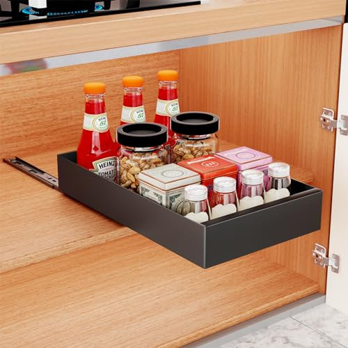 Gelewuld Teleskopschublade zum Kleben, Ausziehbarer Schrank Organizer für Küchenschränke Organizer, Pull Out Drawer, Kein Bohren Küchenschrank Organizer Ausziehbar (Black/25 W*43 D*7 H cm)