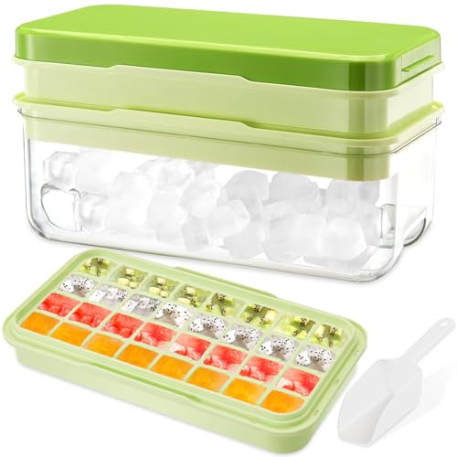 Ice Cube Tray with Lid and Bin - 2 Tier Ice Trays for Freezer, Making 64 pcs Ice Cubes, Ice Cube Molds with Ice Scoop, Easy Press to Release Ice, Trays Ice Cube Trays with Storage Bin for Whiskey