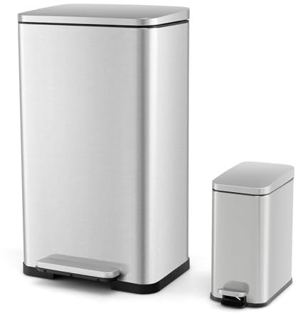 COSTWAY Poubelle Cuisine en Acier Inox 40L + 6L, Poubelles à Pédale Amortisseur, Seaux Détachables, Anti-Empreintes, Couvercles Fermeture Douce