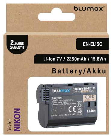 Blumax Gold Battery EN-EL15c 2250 mAh 7.0 V Lithium Camera Battery Pack with Environmentally Friendly Packaging Compatible with Nikon Z5 Z6 II Z7 II