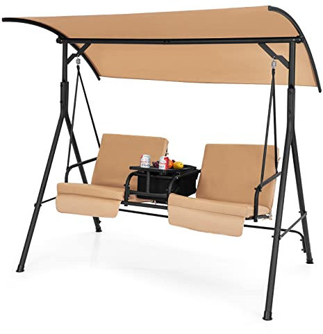 SFAREST 2-Person Garden Swing Chair, Patio Hanging Chair with Adjustable Canopy, 23L Cooler Bag, 360° Rotatable Tray, Cup Holders & Removable Cushion, Hammock Loveaseat for Porch Backyard (Beige)