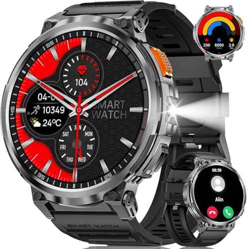 FOXBOX 1.85 IPS Ultra Großer Smartwatch Herren mit Telefonfunktion, Militär Smart Watch mit LED Taschenlampe für Android iOS, 730mAh, IP68 Wasserdicht, 24H Herzfrequenz, 110+ Sportmodi