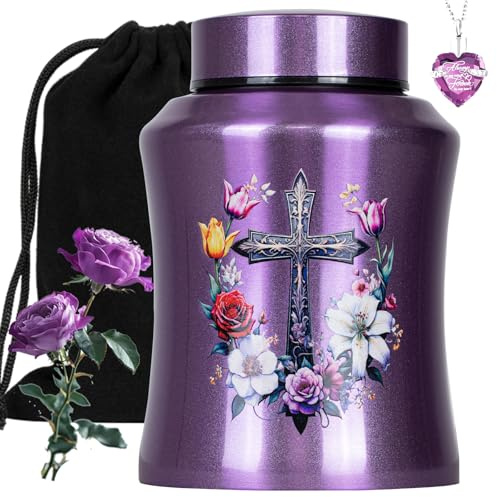 Urne funéraire avec croix violette pour femmes pesant jusqu'à 63,5 kg, grande urne funéraire personnalisée pour cendres humaines adultes hommes et femmes, urne funéraire décorative et funéraire, amour
