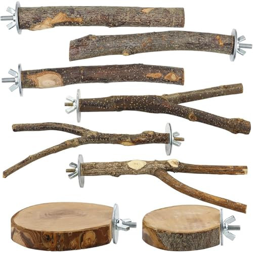 Sarini Support de Perche à Oiseaux en Bois Naturel,8 pièces,Ensemble de Supports de perroquets,Plate-Forme de Perche,Accessoires de Cage