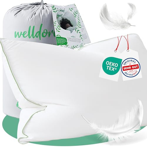 Welldora Premium Kopfkissen 40x80 | 100% natürliche Daunenfasern & Federn | Ergonomisch optimiert 3 Kammern Nackenstützkissen | Mittelfestes Kissen fachärztlich geprüft, Oeko-Tex zert. in Deutschland