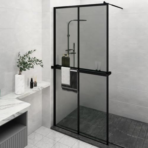 NQJIBUE Paroi de douche à l'italienne avec étagère Noir 118 x 190 cm Verre ESG et aluminium Matériel et pièces de plomberie