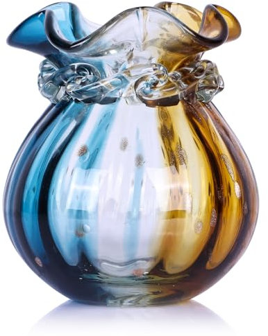 oliruim Mundgeblasene Glasvase, modern, blau-braun, runde Kunstvasen, Tischdekoration für Esszimmer, Couchtisch, Schreibtisch, Hochzeit, schöne Buntglas-Dekor-Blumenvase