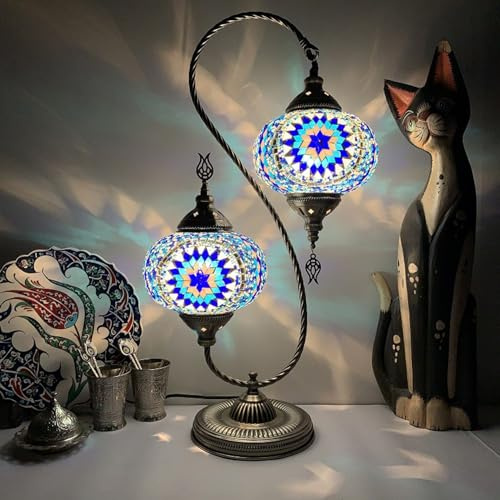GDLight Türkische Mosaik-Tischlampen mit Schwanenhals und 2 Lichtern, Marokkanische Klassische Tischlampen mit Doppelkopf Handgefertigte Nachtlichter aus Glas für Schlafzimmer, Kinderzimmer, Café,C