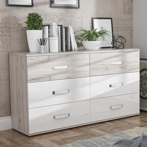 FORTE Dolce Sideboard 150 mit 6 Schubladen, Weiß Glanz/Sandeiche Dekor, 150,1 cm breit x 82,4 cm hoch x 41,3 cm tief