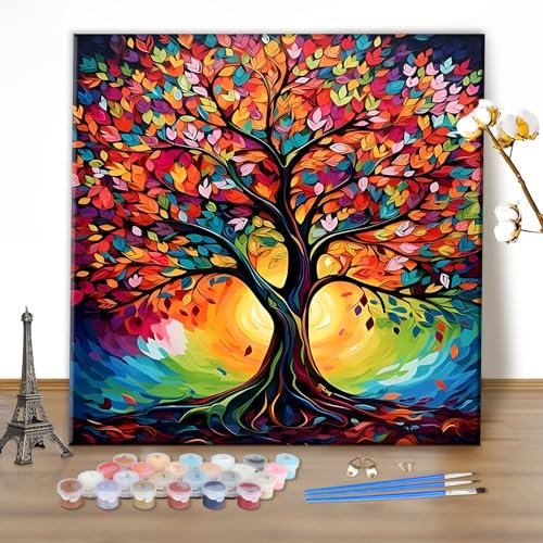 MEIYUDA Pintar por Numeros Adultos Árbol de la vida, Cuadros por Numeros Pigmento Acrílico, DIY Pintura por Numeros Kit Manualidades Adultos Decoración para el Hogar Regalo de pared 40x40cm(sin marco)