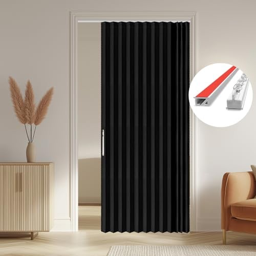 AJAZZ 100% Verdunkelung Wohnmobil Gardinen Ziehharmonik Vorhang für Haustüren Magnetvorhang mit Schallschutz für Schlafzimmer & Wohnzimmer, inkl. Schienensystem, Schwarz, B140 x H201 cm (1er Pack)