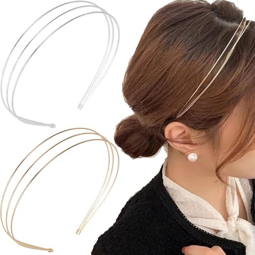 Votvlog Lot de 2 Bandeaux Fins Multicouches en Métal Bandeau Serre-tête Multicouche en Métal Fin Élégant Tendance et Élégant Chapeaux Accessoires de Cheveux Dorés pour Femmes et Filles (Or Argent)