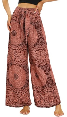 Nuofengkudu Petite Pantaloni Larghi Bohemien Stampa Estate Vita Alta Rayon Leggero Motivi Hippy Chic Palazzo Viaggi Spiaggia Taglia Piccola