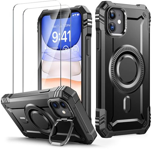 Lanhiem für iPhone 11 Hülle, für iPhone XR Hülle mit 2 Stück Panzer Glas Kompatibel mit MagSafe, Kamera Ständer Magnetisch Handyhülle für iPhone 11/XR Schutzhülle Stoßfest Militärschutz Case, Schwarz