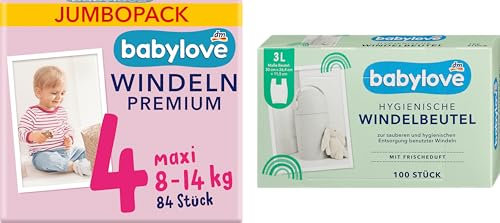 Windeln Gr. 4 Maxi Babylove (8-14 kg), Jumbopack, 84 St + Windelbeutel mit Frischeduft Babylove 100 St + Purlife Sticker