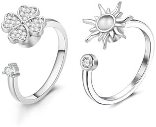 TPZORJX 2 Stück Silber Anxiety Ringe für Damen Männer spinner ring,anxiety ring,Fidget Ring Achtsamkeitsring Angst Ring Mondstein Spinner Ringe Verstellbare Offene Anti Stress Ring für Damen Männer