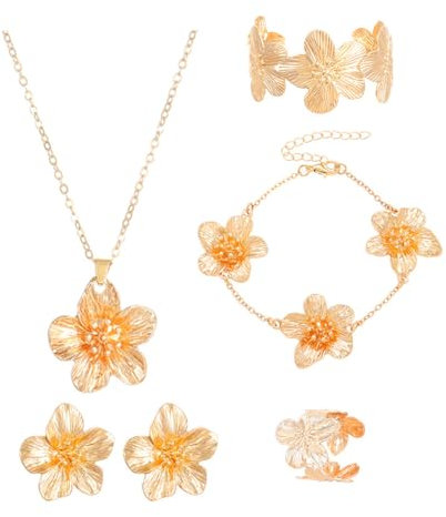 XFSRG Set Gioielli Floreale Elegante Collana Orecchini Bracciale Donna Oro per Occasioni Speciali (Oro)