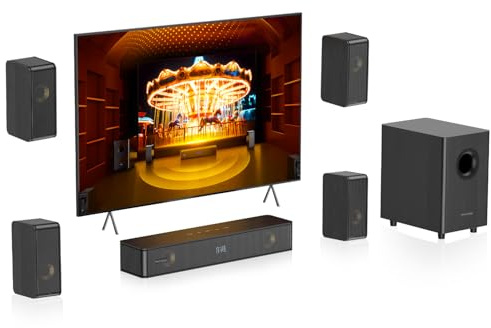 Hiwill-Audio Sistema de sonido envolvente virtual de 5.1.2 canales, 4 altavoces envolventes, barra de sonido de cine en casa de madera para Smart TV, potencia máxima de 400 W, barra de sonido con