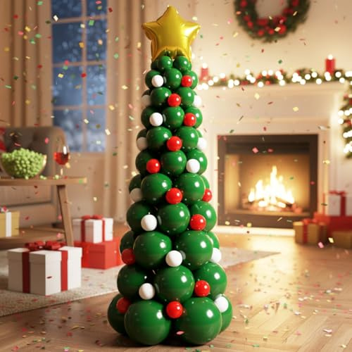 PartyXpress 139Pcs Christmas Tree Balloon Arch Garland Kit with Dark Green Red White Gold Star Balloons for Xmas Birthday Supplies, Christmas Party Decoration, Holiday Balloon Garland