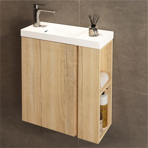 JINDOLI Waschbecken mit Unterschrank 55 cm - Badmöbel Set mit 2 Tier seitliche Ablagen außen & Haken, Vormontiert Waschbeckenunterschrank Klein für Bäder, Gäste WC (Sonoma Eiche)