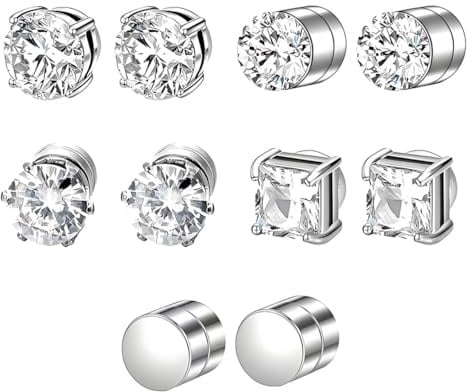 5 Paare Edelstahl Magnetische Ohrringe Fake,Magnetischer Ohrstecker Herren Damen Magnet Silber Ohrringe Non-piercing Ohrstecker 6mm