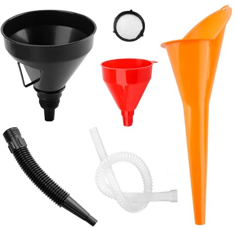 3Pcs Flexible Plastic Funnel Set with Detachable Spout | Wide Mouth Fuel Funnels with Filter, Long Right Angle Detachable Extension, Universal for Car, Motorcycle, Engine & Kitchen