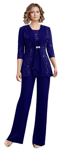 Royal Blue 3 Piece Mother of The Bride Pant Suits - Chiffon Lace Applique Mother of The Bride Outfits Grandmother of The Groom Pantsuits for Wedding with Jacket Size UK12